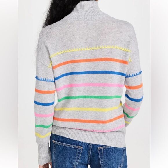Autumn Cashmere Multi Colored Cashmere Breton Stripe Mock With Blanket Stitch - Picture 3 of 8